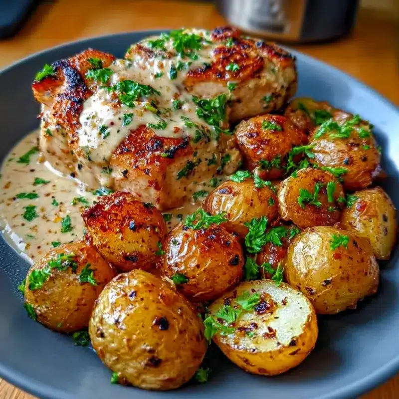 Creamy Garlic Chicken with Roasted Baby Potatoes