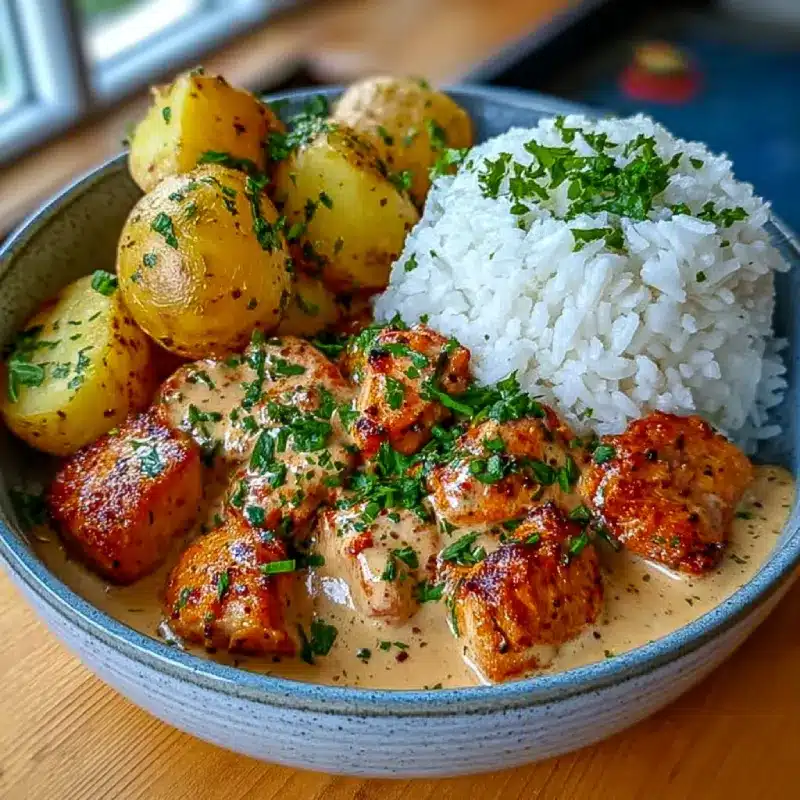 Creamy Garlic Chicken with Herbed Potatoes & Fluffy Rice Comfort Bowl