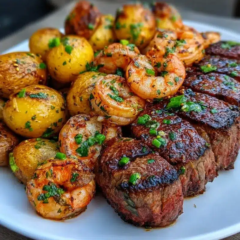 Grilled Steak & Shrimp with Herb-Roasted Baby Potatoes