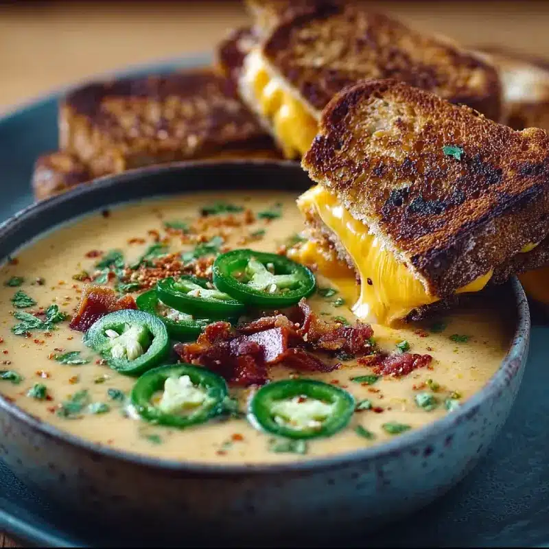 Spicy Jalapeño Popper Soup with Grilled Cheese Dippers