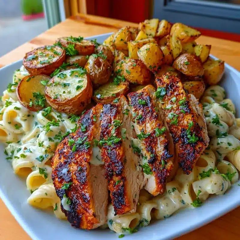 Grilled Chicken with Creamy Garlic Pasta & Crispy Roasted Potatoes