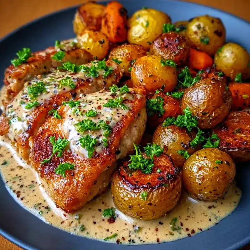 Creamy Garlic Chicken with Roasted Baby Potatoes