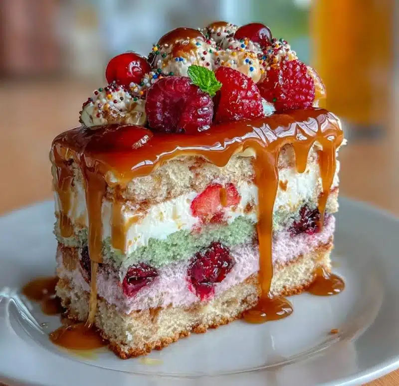 Rainbow Berry Layer Cake with Caramel Drizzle