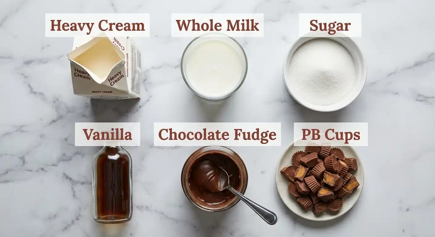 Ingredients for Homemade Moose Tracks Ice Cream