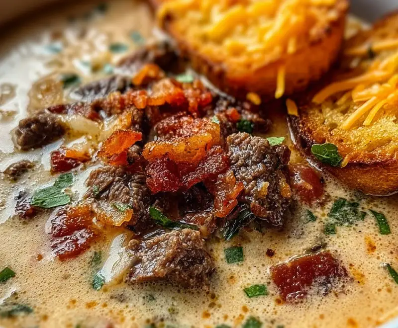 one-pot Philly cheesesteak soup with bacon and cheesy toast