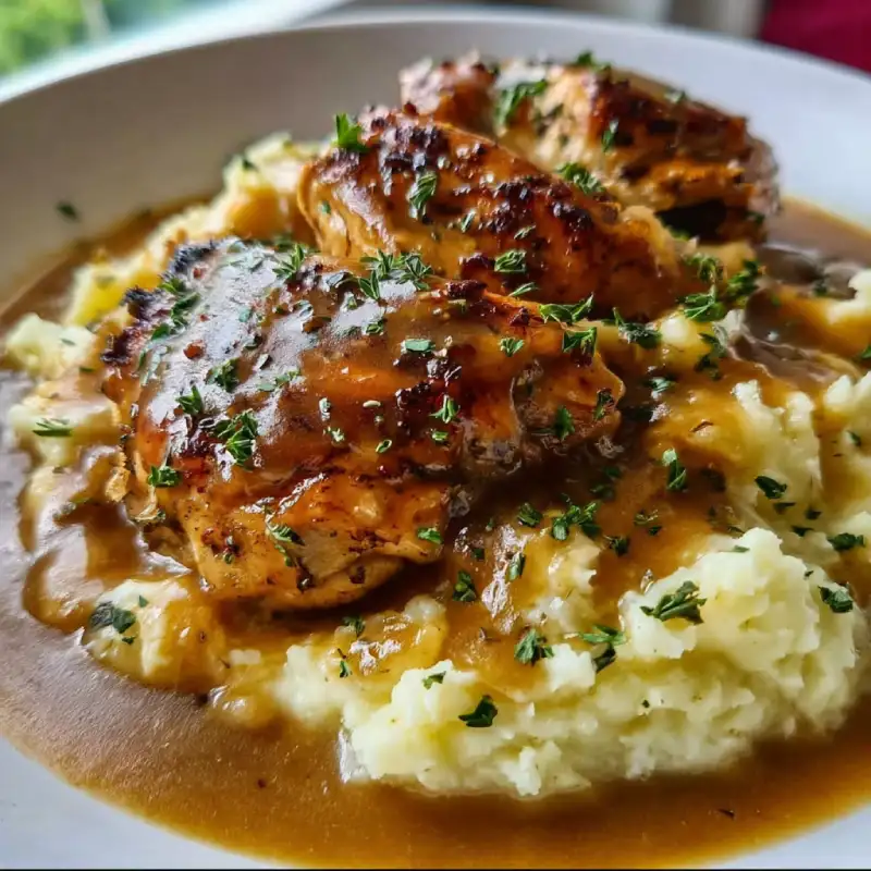 Chicken and Garlic Gravy with Cheesy Mash