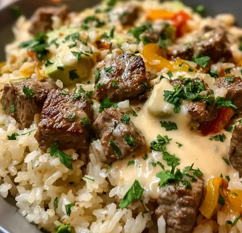Cheesy Steak and Queso Rice