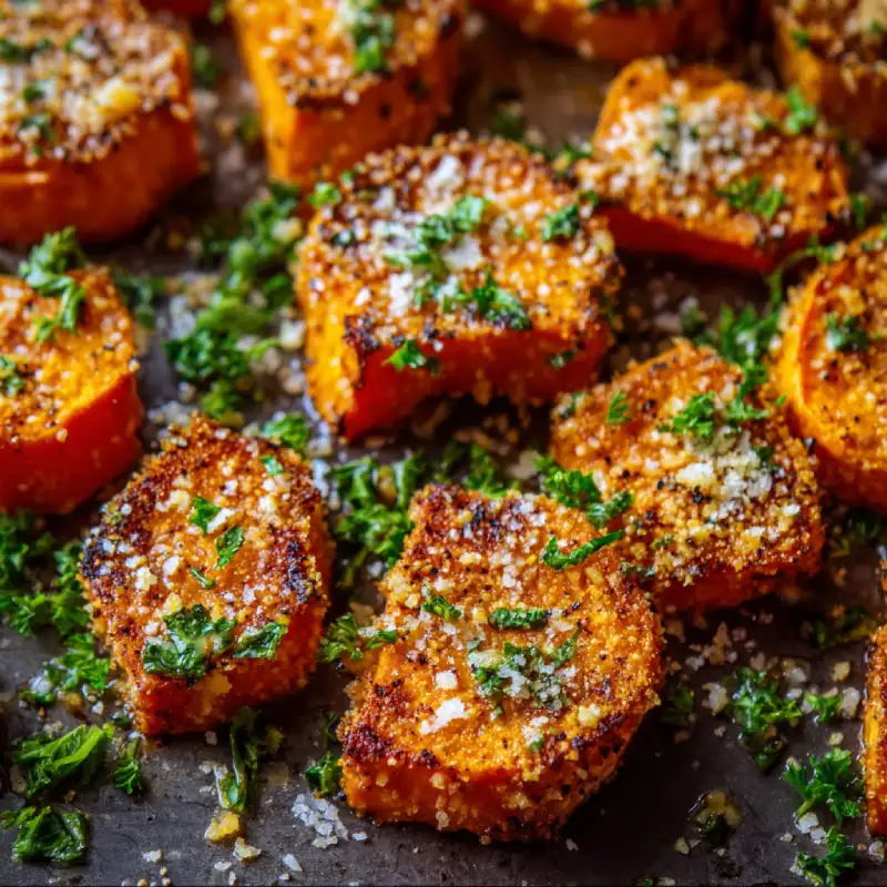 Crispy Garlic Parmesan Roasted Sweet Potatoes